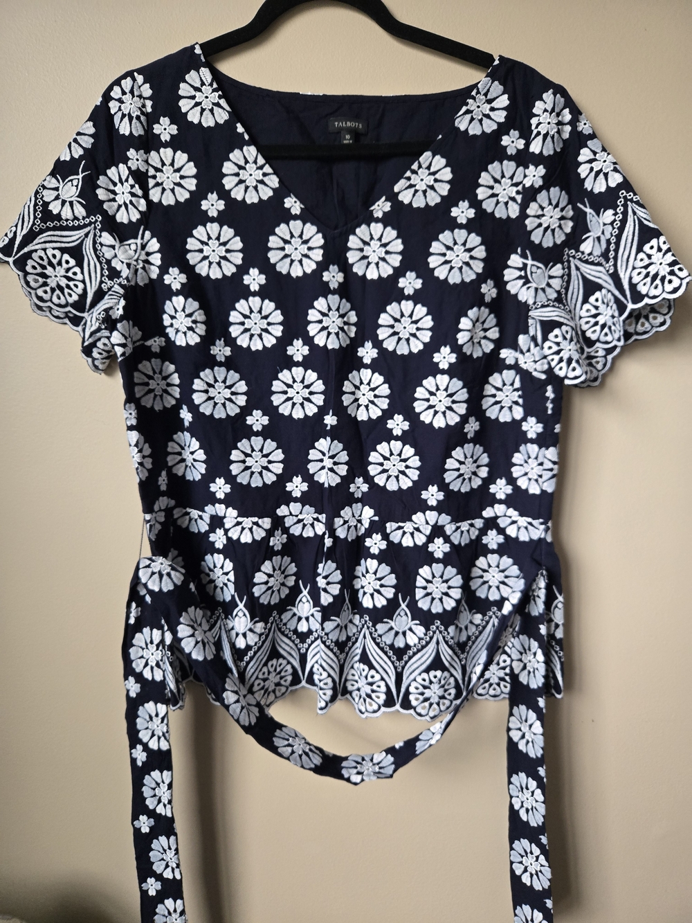 Talbots Navy and White Floral Embroidered Tie-Waist Peplum Blouse